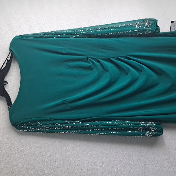 Marina Boat Neck Long Beaded Elastic Cuff Sleeve Matte Jersey Back Slit MidDress - Picture 7 of 12